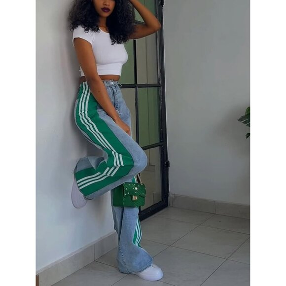 Womens Wide Leg Jeans Stretchy High Waist Patchwork Side Stripes Casual - Picture 7 of 7